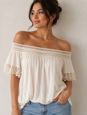 Rue21 Cream Off-Shoulder Crochet-Trim Tunic